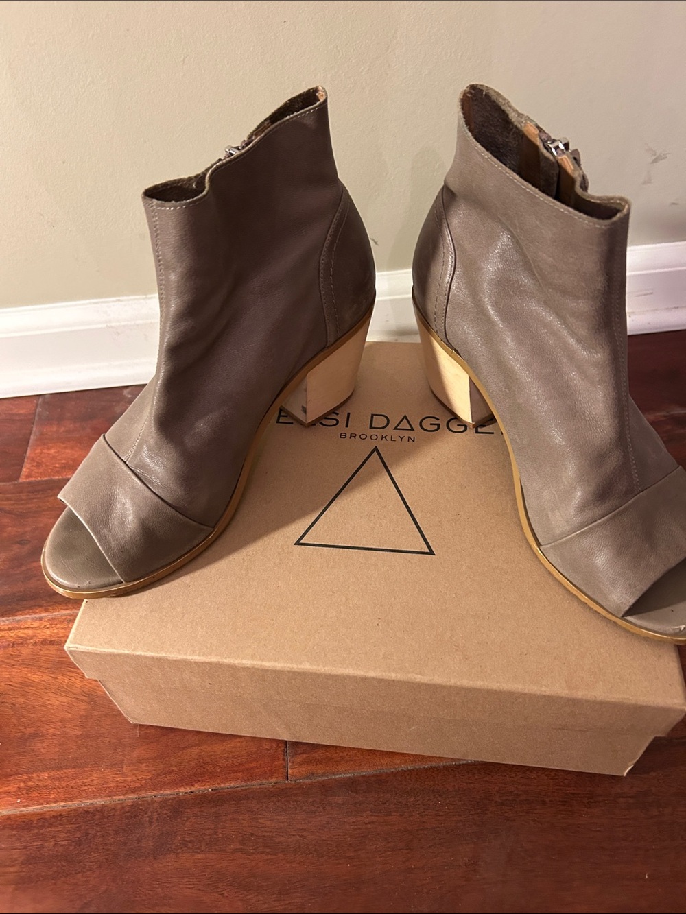 Kelsi Dagger Taupe Open-Toe Leather Ankle Booties with Wooden Heel